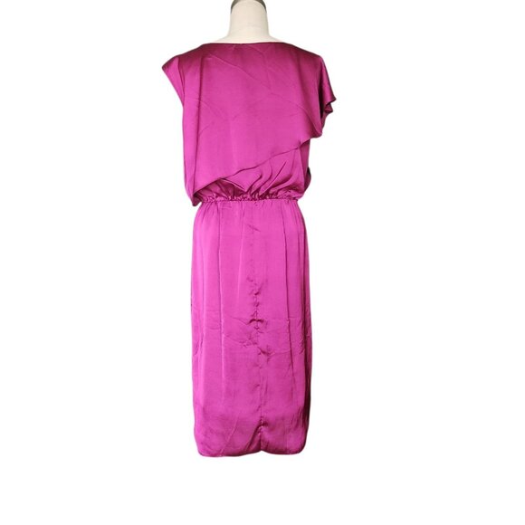 Vince Camuto Flutter Dress Women’s Size 4 Fuschia Pink Satin Assymetrical Sleeve - Picture 2 of 11